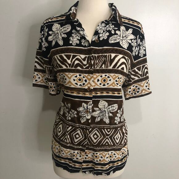 VINTAGE | 1990s Neutral Tropical Tribal Abstract Print Camp Hawaiian Shirt - Picture 1 of 8